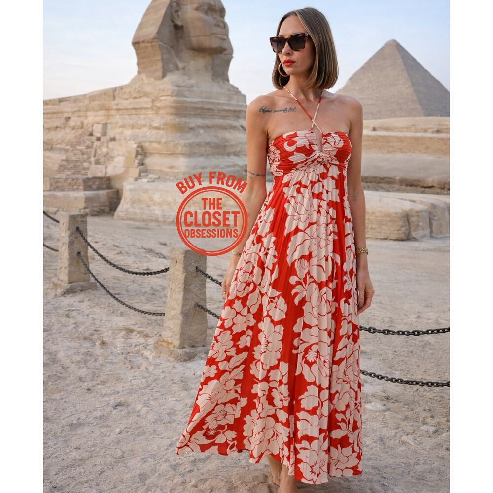 Mango NWT Red Floral Halter Pleated Maxi Dress 4 6 8 10